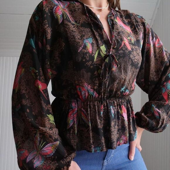 Amazing! 70s semisheer butterfly print peblum blouse - Picture 1 of 8